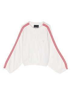 cream white/bright red cotton piqué weave appliqué logo side stripe detailing round neck front zip fastening long sleeves elasticated cuffs and hem Teen Jackets, Armani Kids, Striped Jacket, Side Stripe, Cream White, Bright Red, Emporio Armani, Round Neck