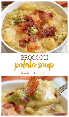 broccoli potato soup with bacon in a white bowl