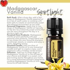 When doTERRA announced the permanent product launch of Madagascar Vanilla, I was beyond excited! Madagascar Vanilla is like a warm hug in a bottle. Its sweet, comforting scent creates a cozy, inviting atmosphere. For your culinary creations, this is your go-to oil. Please connect with me if you have any questions or issues. jamieeasterly@essentiallifewithjamie.com #doTERRA #pureandnatural #selfcare #empowered #essentialoils #essentiallife #wellness #November #fall #pets Essential Oils Properties, Vanilla Oil, Paradise Travel, Be Your Best Self, Clean Lifestyle, Vanilla Essential Oil, Madagascar Vanilla, Doterra Oils, Your Best Self