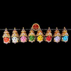 Design by Classical Dance Jewelry® ❥ Product Details: Designer Goddess Ashta Lakshmi Devi Ammavaru Face Set ❥ Material : Metal ❥ Color: Rainbow and Gold ❥ Beautiful Goddess Lakshmi face set used for Dussehra Bathukamma Durga maa puja ❥ Beautifully decorated mask used for pooja during Navaratri Durga puja ❥ Completely Decorated with High Quality Stones and pearls Height of face : 7 - 8 Inchs Set includes ☛ Lakshmi Face : 8 PCS set ❇️ Ashtalakshmi Devi Face metal by nature is little soft so little Festive Multicolor Fusion Traditional Wear, Traditional Wear With Meenakari For Navratri, Multicolor Fusion Style Traditional Wear For Diwali, Traditional Wear With Meenakari For Festivals, Traditional Meenakari Wear For Puja Festivals, Traditional Wear With Meenakari For Puja And Festivals, Festive Fusion Multicolor Traditional Wear, Multicolor Meenakari Temple Jewelry, Multicolor Fusion Dupatta For Puja