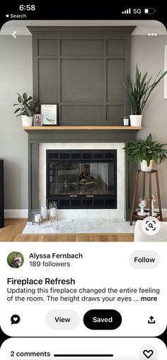 an instagram page with a fireplace and some pictures on the wall above it that says fire place refresh