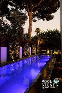 an outdoor swimming pool surrounded by trees and plants at night with blue lights on the walls