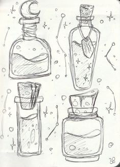 three bottles with different shapes and sizes are shown in this hand - drawn sketch on paper