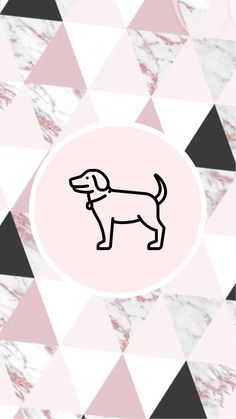 a pink and black dog is in the middle of an abstract pattern with triangles on it