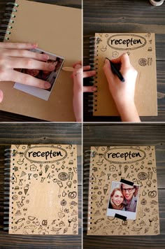 the process of making a scrapbook with pictures and writing on it is shown in four different ways