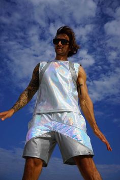 Mens Rave Shirt Reflective Top Mens Rave Clothing Reflective Tank Mens Festival Outfit Trippy Shirt Holographic Vest Singlet by Love Khaos - Etsy Modest Rave Outfits, Rave Aesthetic Outfit, White Rave Outfits, Rave Outfit Men, Desert Wanderer, Rave Shirt, Rave Outfits Men, Rave Shorts, White Holographic