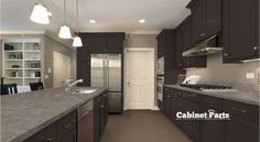 a kitchen with gray cabinets and white counter tops