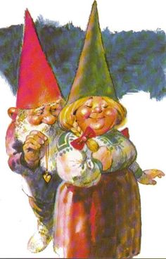 two gnomes are standing next to each other