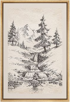 a black and white drawing of a mountain stream