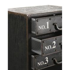 an old metal filing cabinet with two drawers labeled no 1, no 2 and no 3