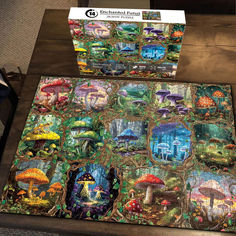 an image of a puzzle with many different pictures on it's side, including mushrooms and other things