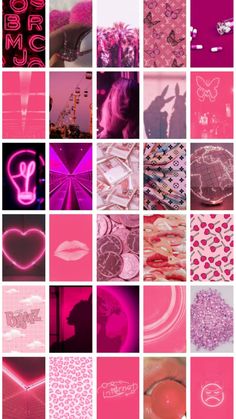 the collage is made up of pink and purple images with hearts, letters, and symbols