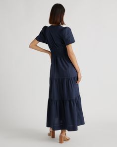 Maxi length and maximal function because we're bringing you another pocketed wonder! This chic maxi gathers at the waist for a lightly cinched look. Made from 100% organic cotton for lightweight breathability. With a v-neck and short sleeves, this is a must-have for your summer wardrobe.  | Quince | Women's Tiered Maxi Dress in Navy, Size Large, Cotton Chic Relaxed Fit Cotton Maxi Dress, Cotton Maxi Dress With Gathered Waist For Daywear, Cotton Ruched Maxi Dress For Daywear, Chic Cotton Maxi Dress With Pockets, Relaxed Fit Cotton Maxi Dress For Day Out, Cotton Ruched Maxi Dress For Day Out, Cotton Maxi Dress With Ruched Detail For Day Out, Cotton Maxi Dress With Elastic Waistband, Casual Maxi Dress With Gathered Waist And Short Sleeves