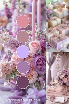 the wedding table is decorated with candles, flowers and soaps in shades of purple