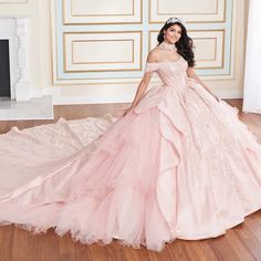 PR70102 Blush 00 Fall 2024 Quinceanera Pink, Off Shoulder Ball Gown, Basque Waist, Long Sleeve Ball Gowns, Quince Dress, Winter Wedding Colors, Prom Designs, Pink Gowns, Sweet 16 Dresses