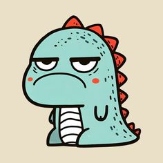 a cartoon dinosaur with an angry look on its face and neck, sitting in front of a beige background