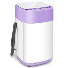 a white and purple air purificater with a black cord attached to it