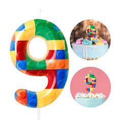 the number nine is made out of legos and has a birthday cake on it