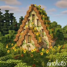 an image of a house in the middle of some plants and trees with sunflowers growing on it