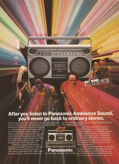 an advertisement for the panasonic stereo system with two men standing in front of it