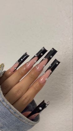 Black French Nails Square, Black Bottom Nails, Black French Tapered Square Nails, Long Square Acrylic Nails Black French Tip, Xl Long Acrylic Nails Square French Tip, Long French Tip Nails Black Women, Xl Black French Tip Nails, Baddies Nails, Acrylic Nails Nude