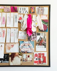 a bulletin board with pictures and clothes on it