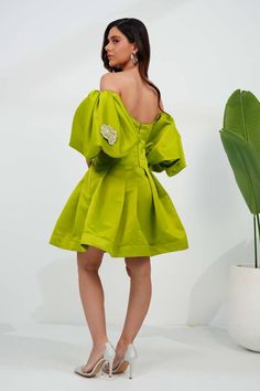 Lime yellow dutch satin off-shoulder corset dress with petal and pearls embellishments. - Aza Fashions Lime Yellow, Luxury Sale, Satin Color, Modern Bride, Corset Dress, Dress For Women, Dress Pattern, Aza Fashion, Shoulder Sleeve