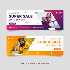 two colorful banners with an image of a woman on the front and back, one for sale