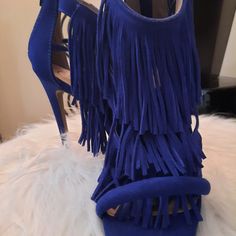 Beautiful, Sassy & Sexy Vibrant Stilettos In Cobalt Blue. Never Worn, Without Box Chic Party Heels With Tassels, Chic Fringe Heels With Round Toe, Party Heels With Fringe And Open Toe, Fringe Open Toe Heels For Party, Fringe Open Toe Party Heels, High Heel Fringe Heels For Parties, Fringe High Heels For Party, Party Fringe Open Toe Heels, High Heel Fringe Party Heels