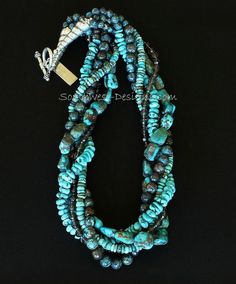 Turquoise & Shattuckite 5-Strand Twist Necklace with Sterling Silver Southwestern Multi-strand Turquoise Beaded Necklace, Southwestern Multi-strand Turquoise Necklace, Twist Necklace, Southwestern Style Adjustable Hand-strung Turquoise Necklace, Southwestern Multi-strand Turquoise Beads, Southwestern Style Nickel-free Blue Turquoise Necklace, Southwest Design, Dark Turquoise, Rare Gemstones