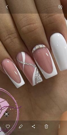 New French Nails Design, White Acrylic Nails With Glitter Square, Wedding Nails Ideas Bridesmaid, French Tip Acrylic Nail Ideas, White French Tip Designs Acrylic, Bride French Nails, Short White Nails Design Ideas, White Short Nails With Designs, Nail Ideas With Pearls