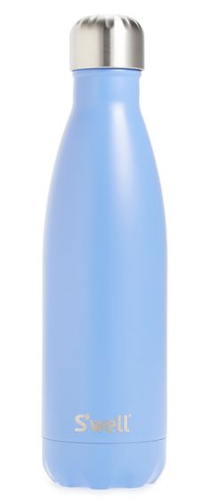 a light blue stainless steel water bottle with the word swalt written on it