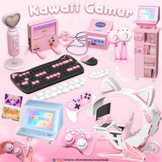 an image of a pink poster with various items on the front and back cover, including a keyboard, mouse, game controller, video game system, and more