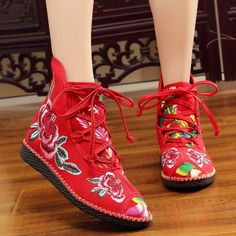 Flat-bottomed Spring and Summer Single-boot Ethnic Embroidered Shoes Embroidered Closed Toe Summer Boots, Casual Boots With Floral Embroidery And Round Toe, Red Casual Boots For Festival, Casual Red Boots For Festival, Embroidered Boots For Spring Festivals, Bohemian Ankle-high Boots For Winter, Spring Festival Embroidered Boots, Bohemian Boots With Flat Heel For Festival, Spring Festival Boots With Flat Heel