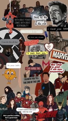 an image of the avengers movie characters with their names and phrases on them, including captain america