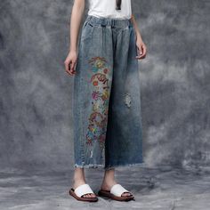 Item Code:634906509334Item Type：Women PantsMaterial: DenimSeason: Spring,Summer,AutumnStyle: CasualLength: Calf-LengthWaist: NaturalPopular Elements: Pockets,EmbroideredCombination: Single-PieceColor: blueLabel Size L(EU 36,US6,UK8,AU8,NZ8)Length: 85.00 cm/ 33.46 "Waist: 64.00 -80 cm/ 25.20 -31.50 "Hips: 104.00 cm/ 40.94 "Leg Opening: 60.00 cm/ 23.62 "Leg: 64.00 cm/ 25.20 "Crotch: 38.00 cm/ 14.96 " The model height:169cm,weight:45kg,Bust:80cm,waist:57cm,hips:84cmusually wear US Middle sizePS:1.T Blue Embroidered High Waist Pants, High Waist Embroidered Blue Pants, Bohemian Cotton Jeans For Summer, Bohemian Style Cotton Summer Jeans, Bohemian Summer Cotton Jeans, Spring High Waist Bohemian Jeans, Bohemian High Waist Jeans For Spring, Spring Embroidered Denim Blue Pants, Spring Bohemian High Waist Jeans