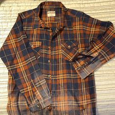 Open Trails Brand, Size L, 100% Cotton, Bleached And Washed Out To Look Worn Out. It Has Never Been Worn. Rustic Long Sleeve Cotton Tops, Orange Cotton Shirt With Pockets, Orange Casual Cotton Flannel Shirt, Casual Orange Cotton Flannel Shirt, Mens Button Up, Casual Shirts For Men, Button Up Shirt, Shirt Color, Blue Orange