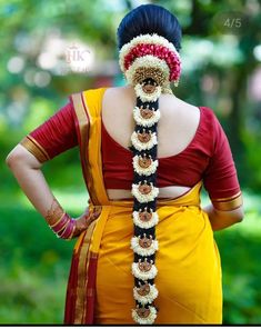 Pelli Jada, Indian Hairstyles For Saree, Yellow Sarees, Flower Braid, Garland For Wedding