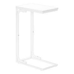 the side table is white and has a metal frame around it's base, with an open end section at the top