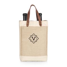 a canvas tote bag with two bottles in the front and one on the side