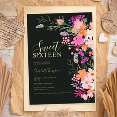 a black and pink floral sweet sixteen birthday party with gold foil lettering on the front