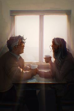 two people sitting at a table with cups in their hands, looking out the window