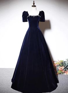 Navy Blue A-line Velvet Long Evening Dress Blue Velvet Ball Gown, Velvet Ball Gown For Wedding, Elegant Velvet Ball Gown Evening Dress, Velvet Evening Gown For Prom Season, Elegant Velvet Evening Dress With Sweep Train, Velvet Evening Dress With Sweep Train, Velvet Floor-length Evening Gown, Velvet Prom Gown For Prom Season, Prom Season Velvet Gown