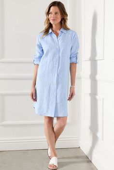 Linen Shirtdress, Bohemian Chic Outfits, Dyed Linen, Weekend Brunch, Karen Kane, Shirt Dress Style, Capri Blue, Shirtdress, Petite Dresses