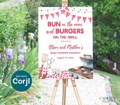 Welcome guests to a BBQ baby shower or cookout with this Bun in the Oven welcome sign template! This digital design features classic red gingham buntings and twinkling lights to inspire decorations for a casual yet darling BBQ baby shower, Baby-Q, or baby sprinkle celebration with a "Bun in the Oven Burgers on the Grill" theme.   ♥ DEMO LINK ♥ Try before buying!  Simply copy and paste the URL below into your browser: https://www.corjl.com/d/428IA EDITABLE FILE You personalize and edit at home on your computer or even a mobile device through Corjl.com (Editing on a computer is easier than on mobile, and offers more features.) WHAT YOU GET ✔ 4 Digital sign templates (sizes below)  ✔ Final design can be saved as a single JPG or PDF with trim marks to send to printer. ✔ You can edit, save chan Bun In The Oven Burgers On The Grill Baby Shower Ideas, Bun In The Oven Burgers On The Grill, Baby Q Ideas, Barbecue Baby Shower Ideas, Bbq Baby Shower Ideas, Oven Burgers, Burgers On The Grill