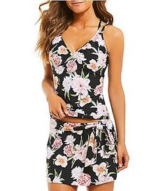 Alex Marie Pleasing Peonies Shirred Tankini Top & Skirted Bottom Swimsuit Casual V-neck Tankini For Spring, Spring Floral Print V-neck Tankini, Spring V-neck Stretch Tankini, Black Floral Print Tankini For Spring, Black V-neck Swimwear For Spring, Black V-neck Swimwear, Casual V-neck Tankini For Summer, Casual Black Tankini For Spring, Casual Stretch V-neck Tankini