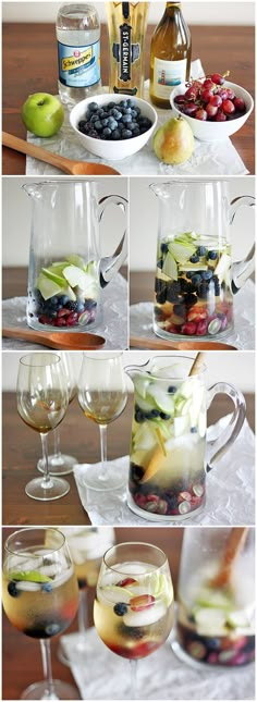 four different shots of fruit and wine in glasses