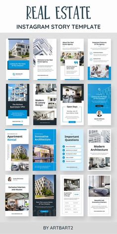 the real estate instagramm story template is shown in blue and white, with lots of