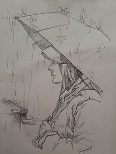 a drawing of a woman with an umbrella