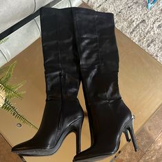 New, Never Worn. Black Knee-high Heels With Padded Heel, Black Knee-high Synthetic Heels, Black Fitted Snip Toe Heels, Sleek Black Faux Leather Boots, Synthetic Almond Toe Boots For Night Out, Black Over The Knee Boots, Stiletto Boots, Charles David, Shoes Black